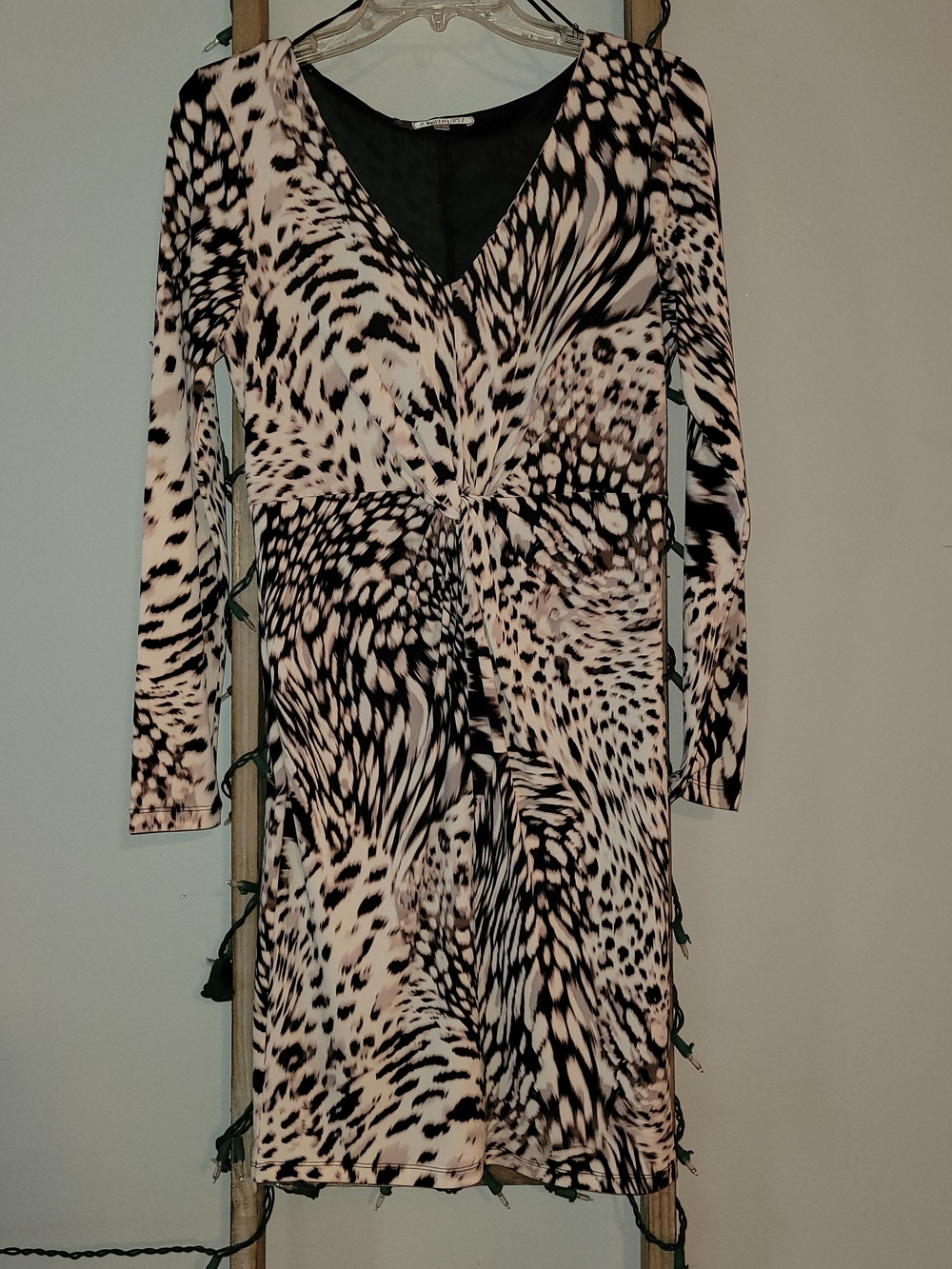 Jennifer Lopez Long-Sleeve Twist Front Animal Print Dress in Black & Cream